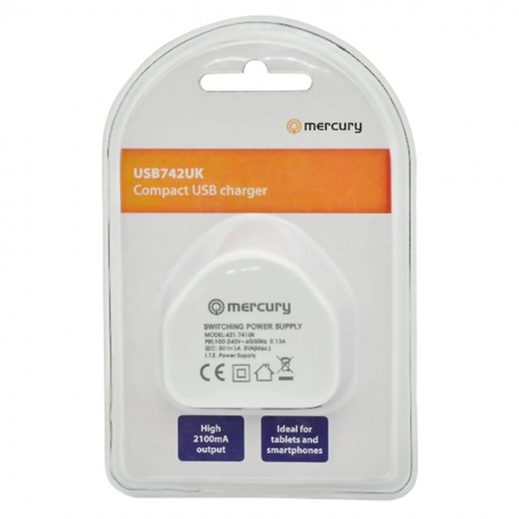 Mercury USB-A Mains Charger 2.1A - White